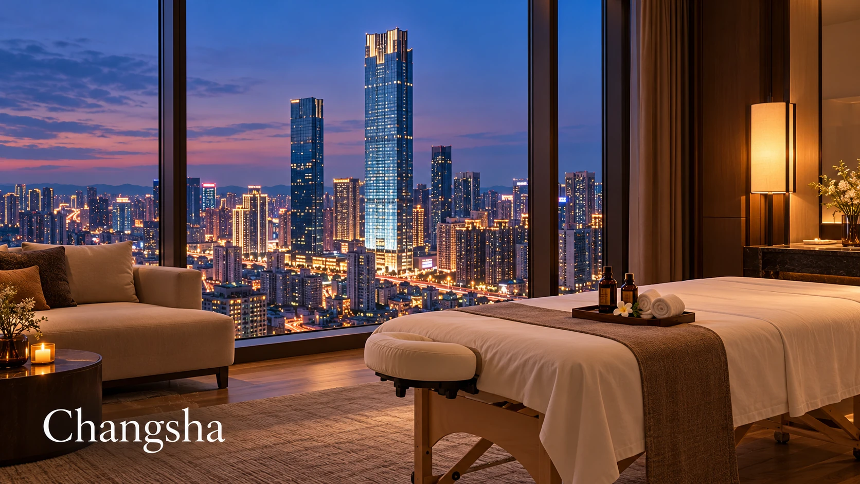 Illustrative luxury hotel mobile massage setting in Changsha, with Changsha IFS