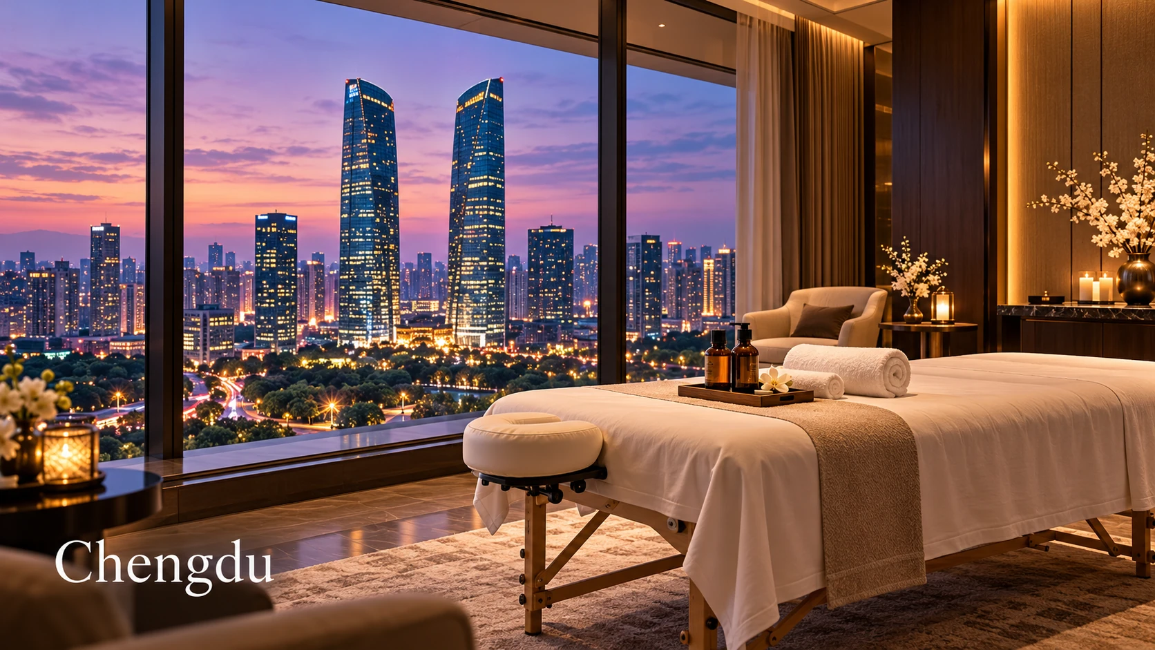 Illustrative luxury hotel mobile massage setting in Chengdu, with Financial City Twin Towers