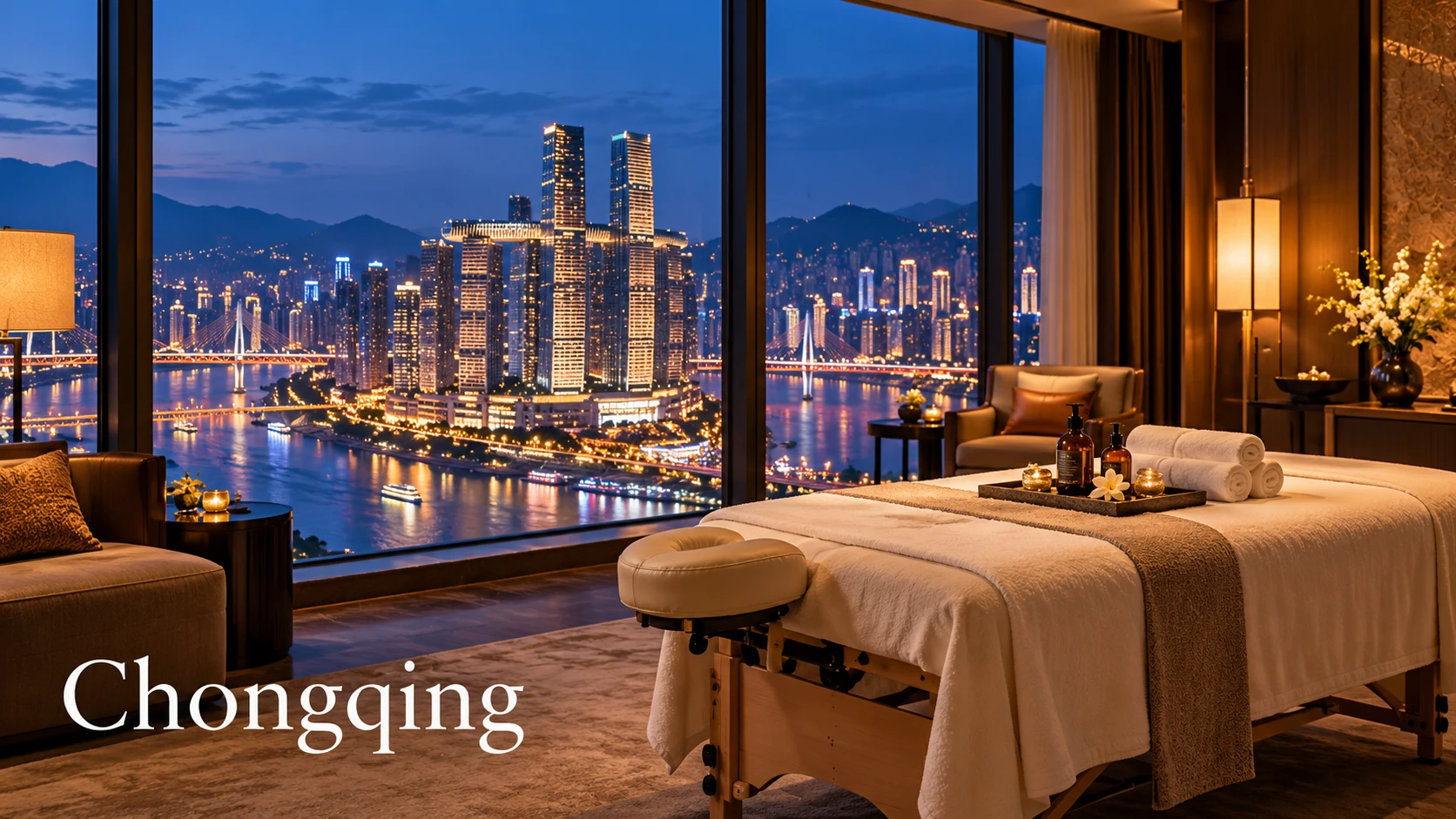 Illustrative luxury hotel mobile massage setting in Chongqing, with Raffles City Chongqing