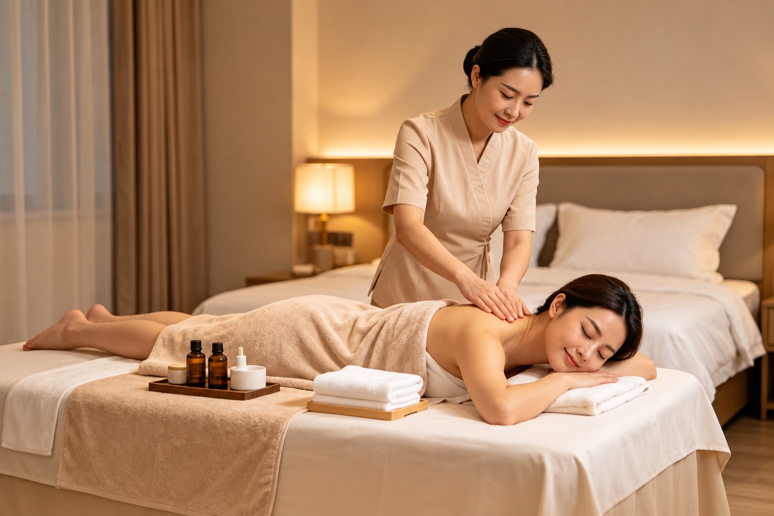 Professional therapist providing a relaxing massage in a warmly lit hotel room