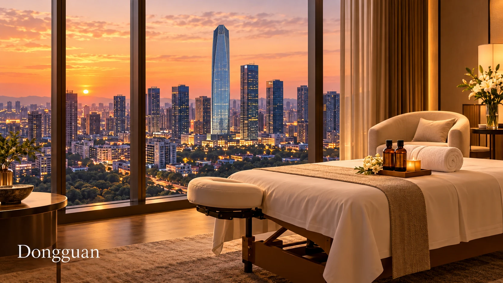 Illustrative luxury hotel mobile massage setting in Dongguan, with Minying International Trade Center T2