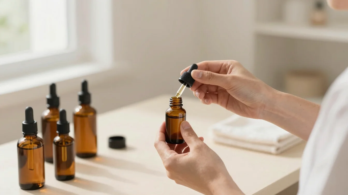 Hands preparing a bottle of massage oil