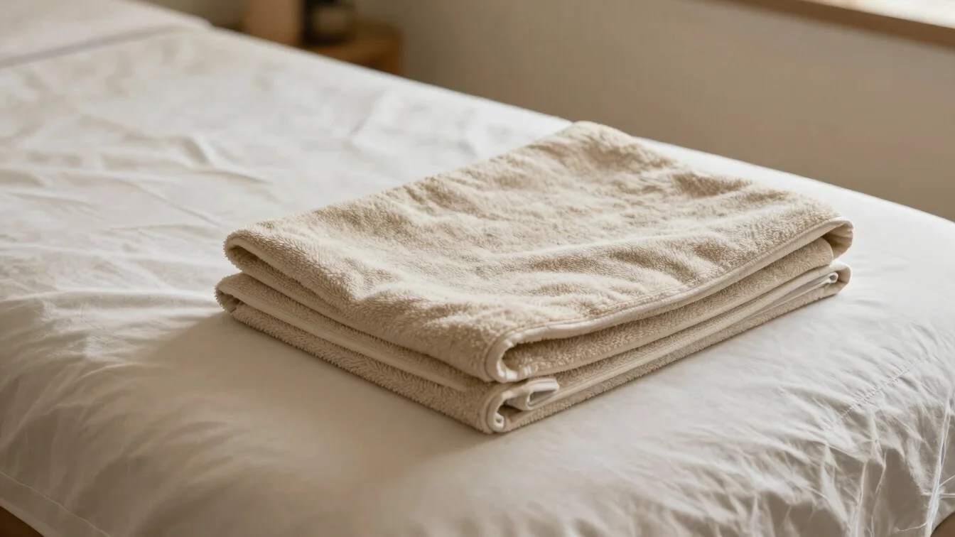 Close-up of folded ivory linens on a massage table
