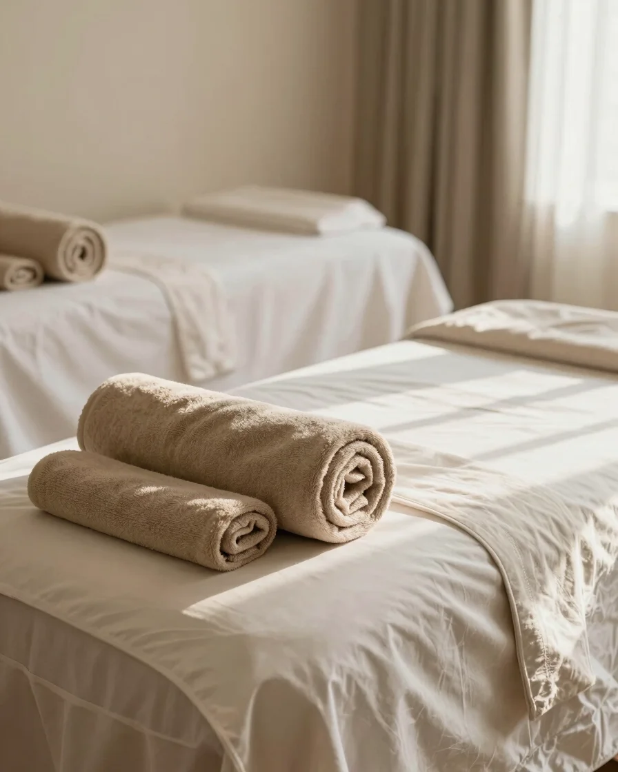 Massage table prepared with neatly rolled towels
