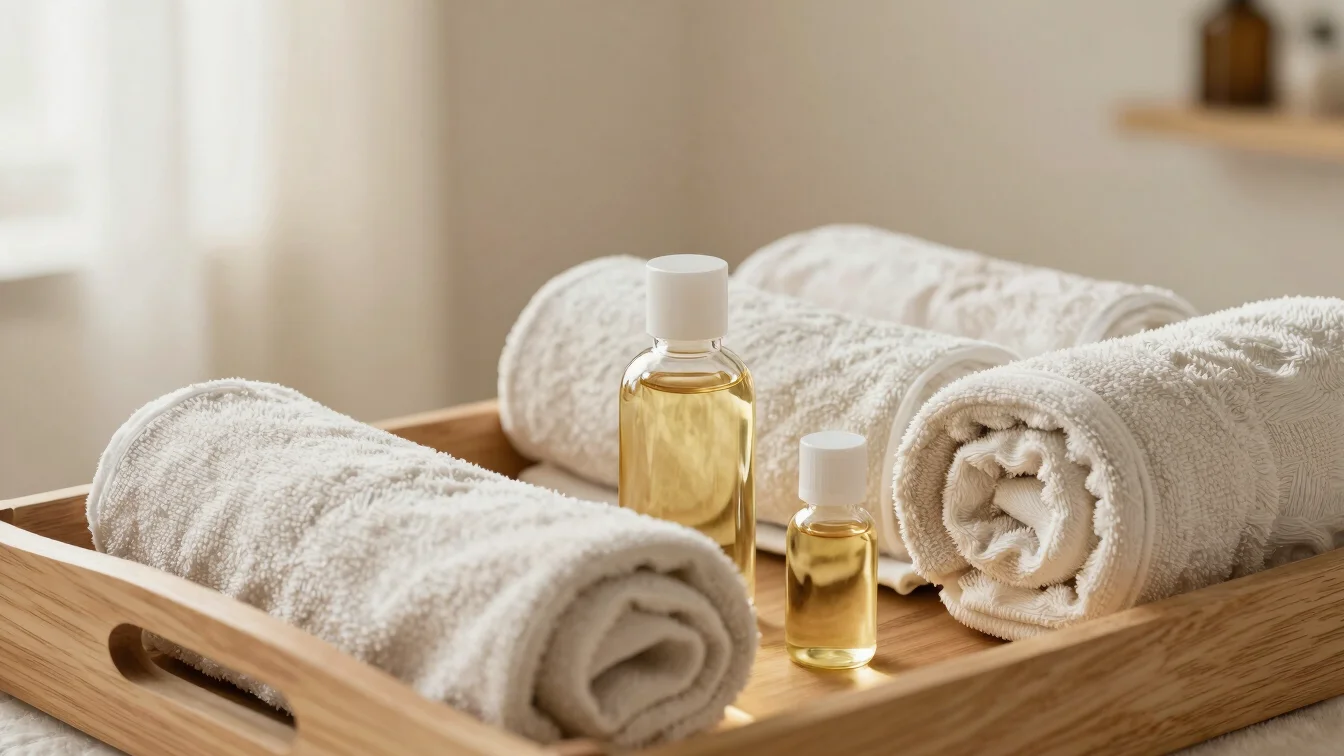 Rolled towels beside a bottle of massage oil