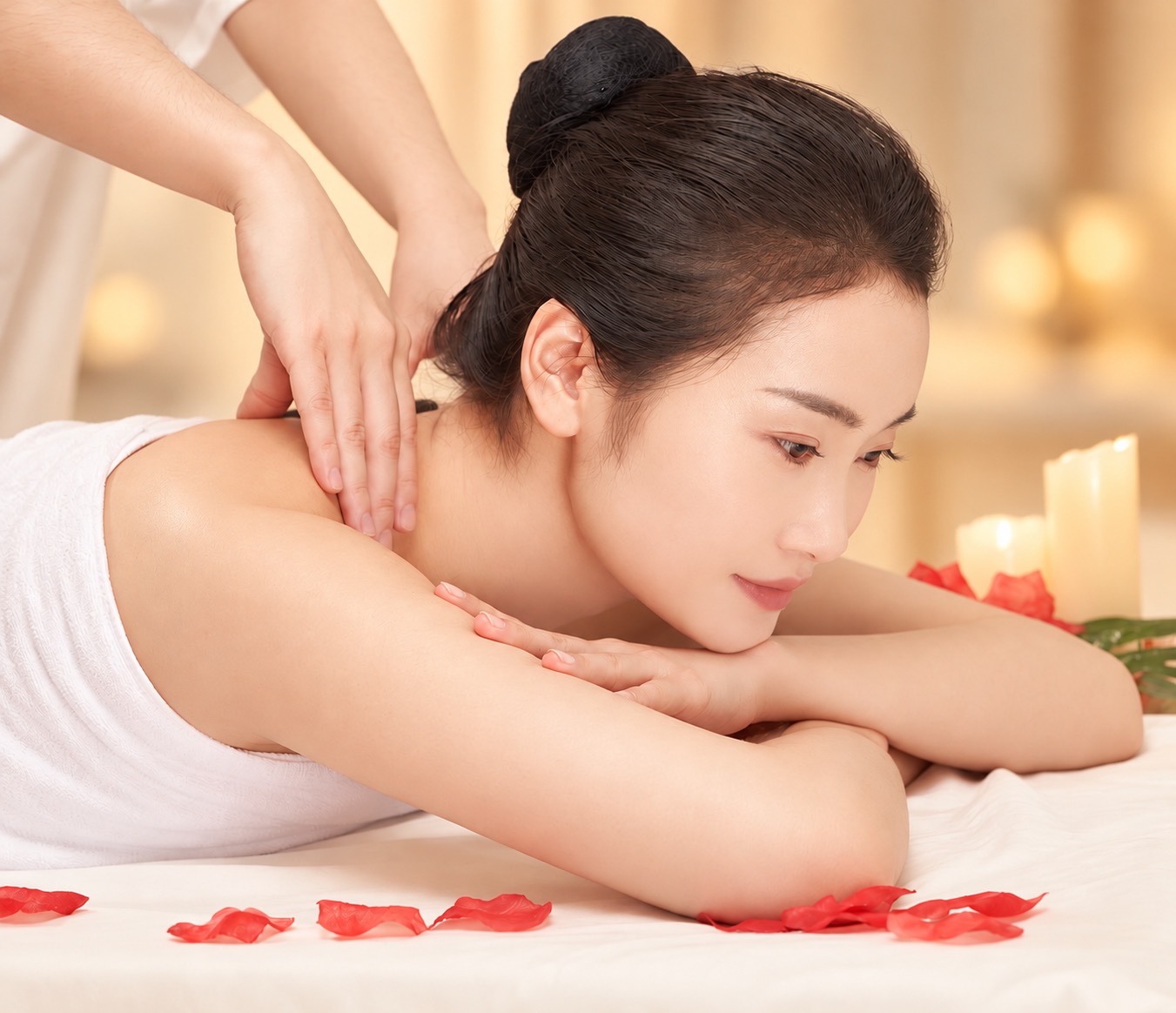 Relaxing shoulder and neck massage in a soft warm beige setting