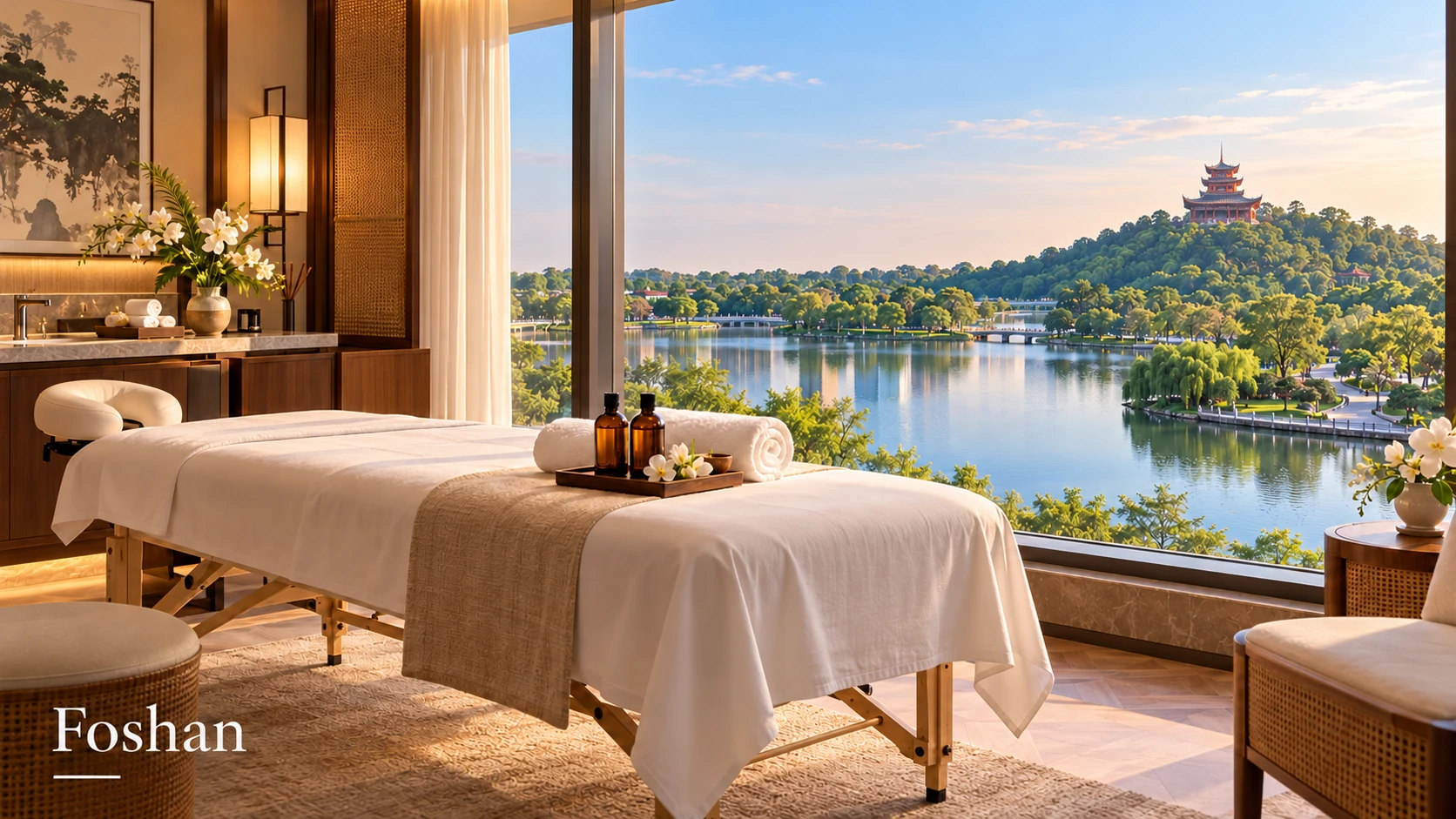 Illustrative luxury hotel mobile massage setting in Foshan, with Qiandeng Lake and Kuixing Pavilion
