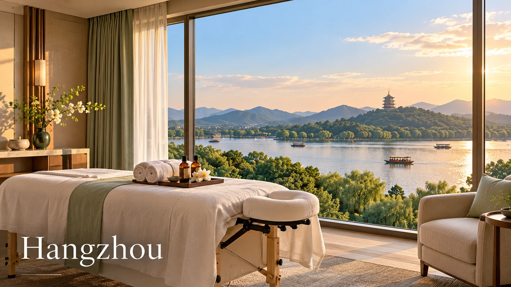 Illustrative luxury hotel mobile massage setting in Hangzhou, with West Lake and Leifeng Pagoda