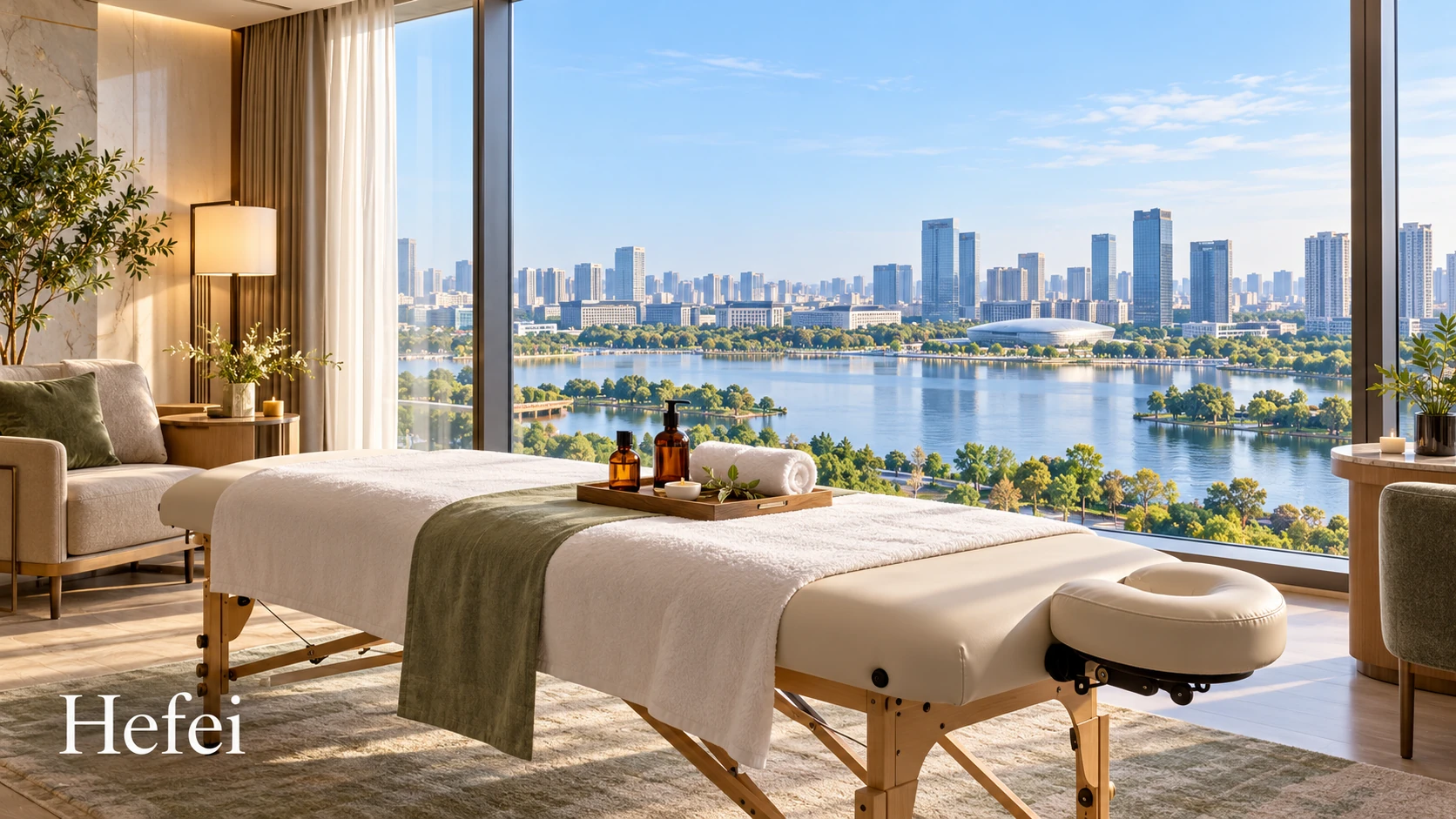 Illustrative luxury hotel mobile massage setting in Hefei, with Swan Lake and Hefei Grand Theatre