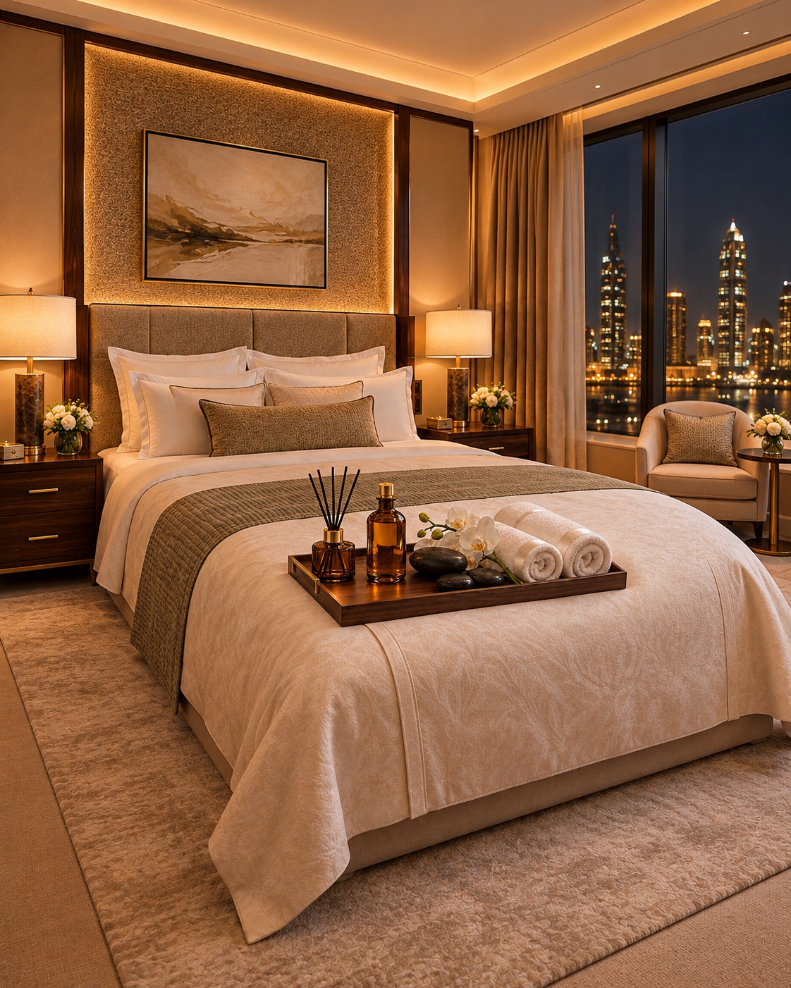 Luxury hotel bedroom with premium linens, reed diffuser, massage oils and a city night view