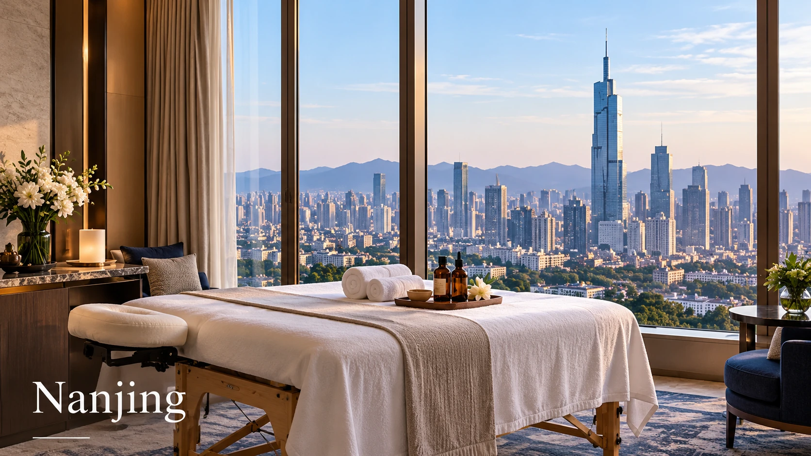 Illustrative luxury hotel mobile massage setting in Nanjing, with Zifeng Tower