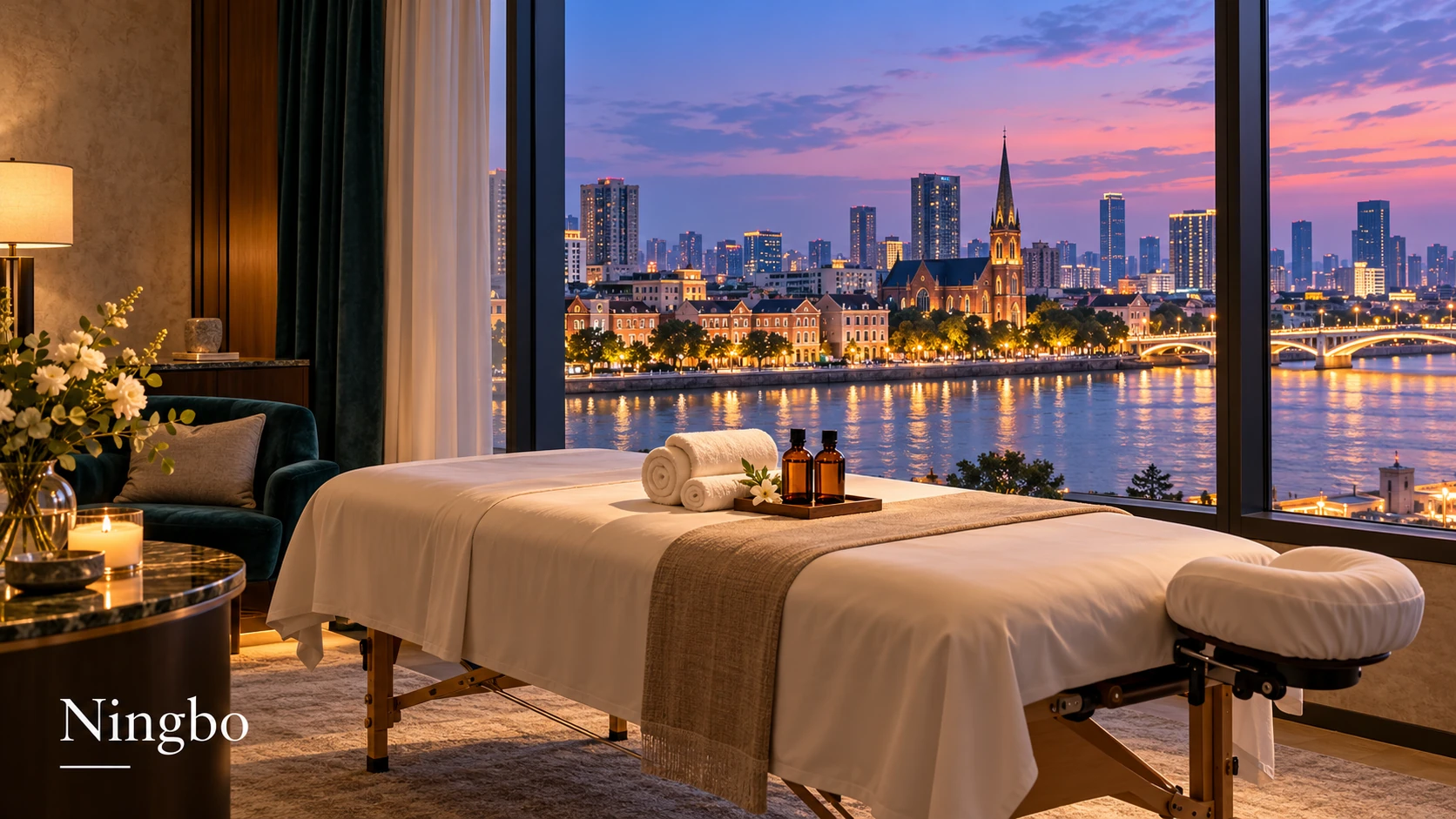 Illustrative luxury hotel mobile massage setting in Ningbo, with Old Bund and Sacred Heart Cathedral