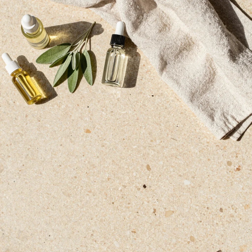 Botanical massage oils and towels arranged on a textured surface