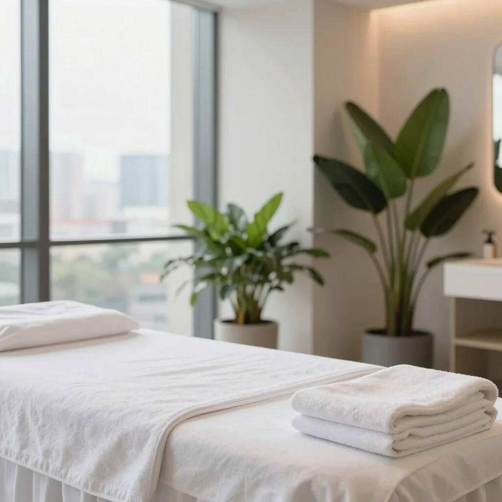 A tranquil massage room with plants, daylight and neatly prepared linens