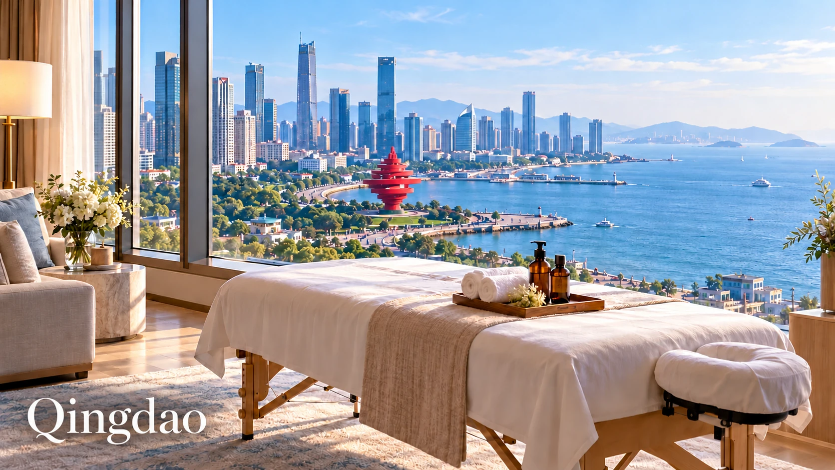 Illustrative luxury hotel mobile massage setting in Qingdao, with Wind of May at May Fourth Square
