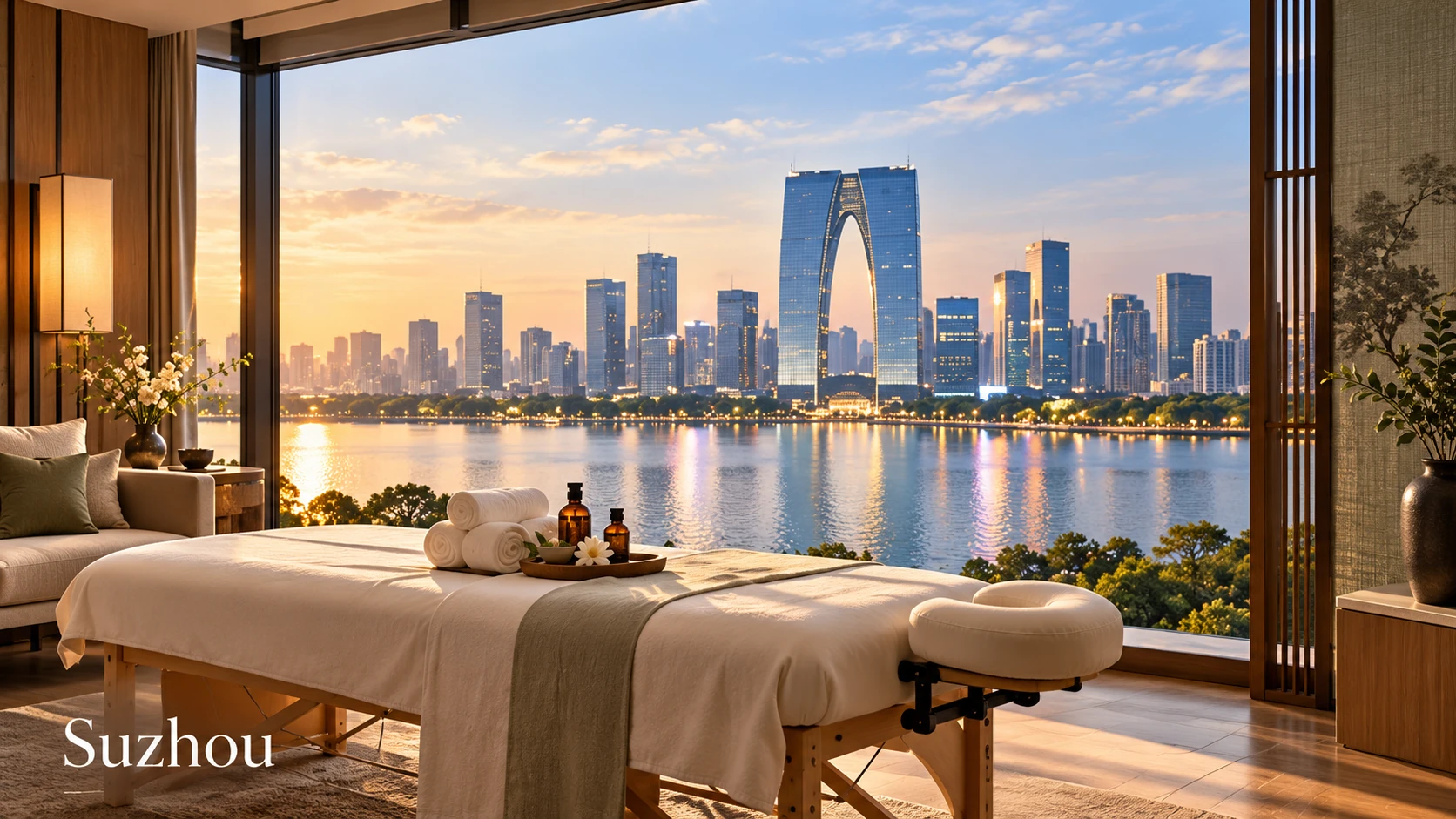 Illustrative luxury hotel mobile massage setting in Suzhou, with Gate of the Orient and Jinji Lake