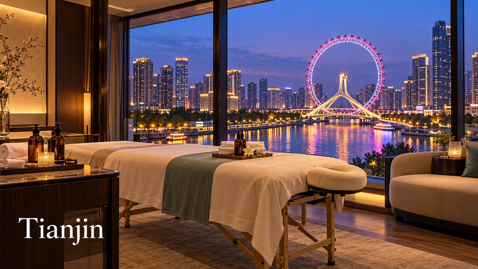 Illustrative luxury hotel mobile massage setting in Tianjin, with Tianjin Eye on Yongle Bridge
