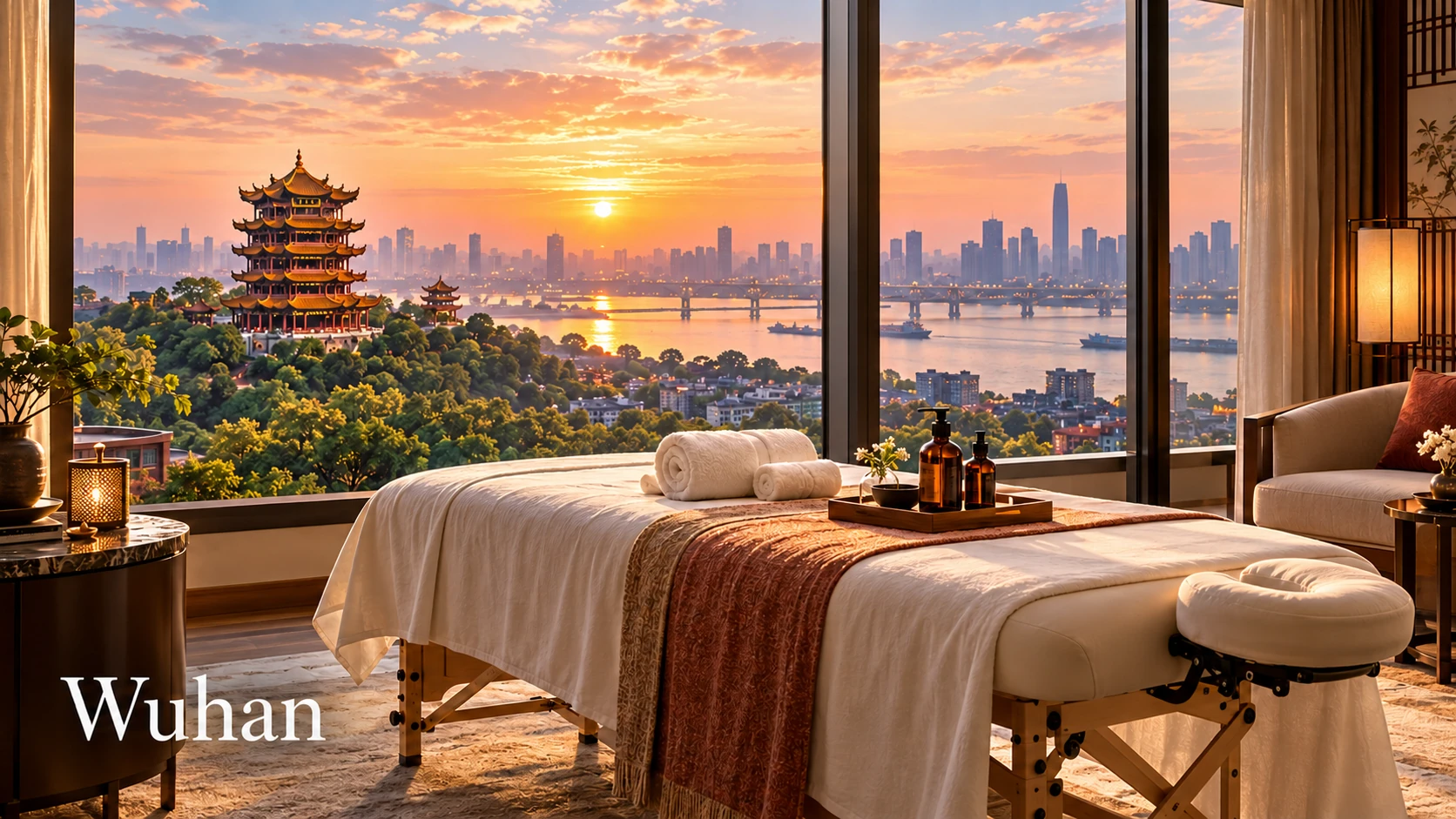 Illustrative luxury hotel mobile massage setting in Wuhan, with Yellow Crane Tower