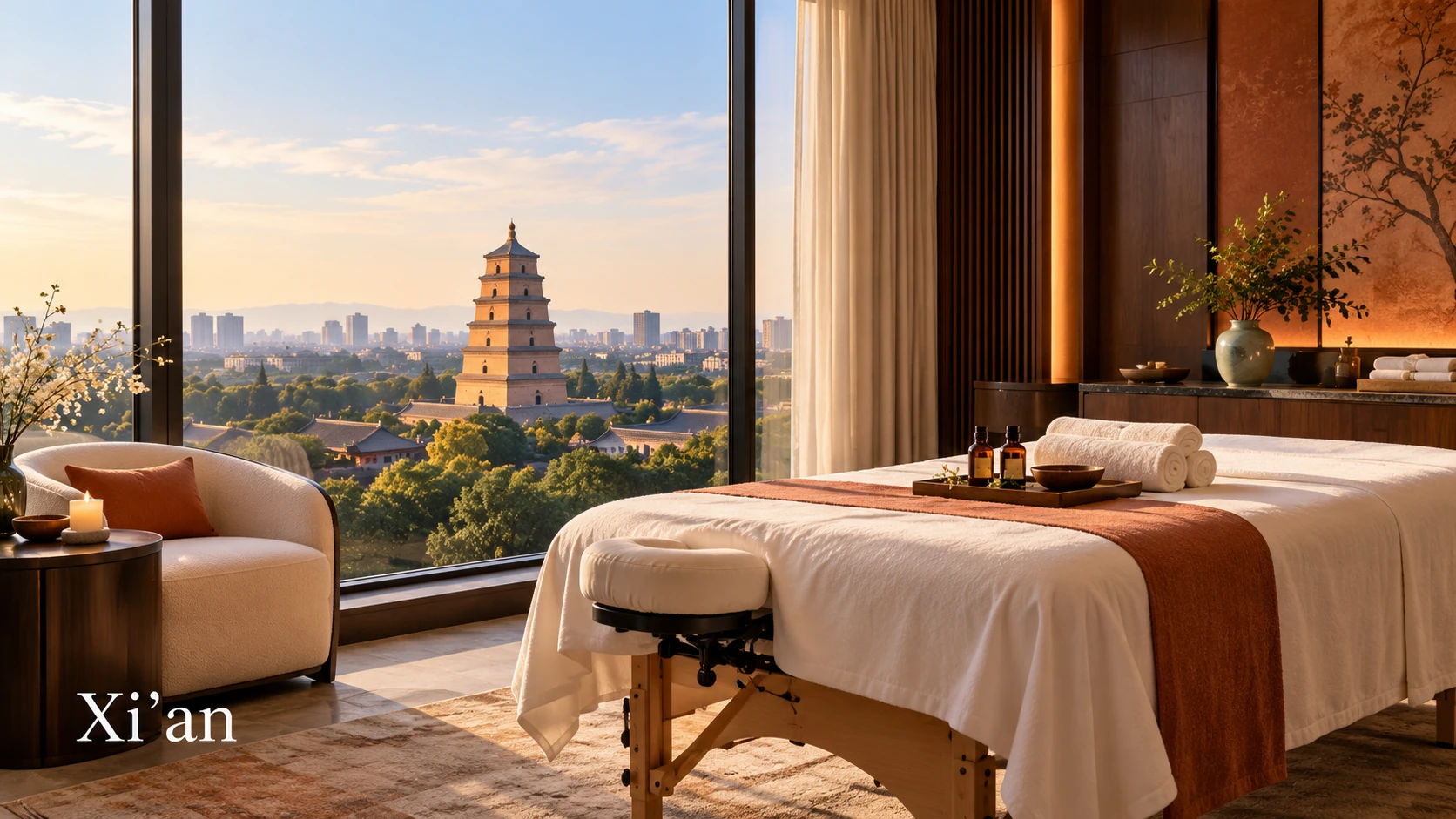 Illustrative luxury hotel mobile massage setting in Xi’an, with Giant Wild Goose Pagoda