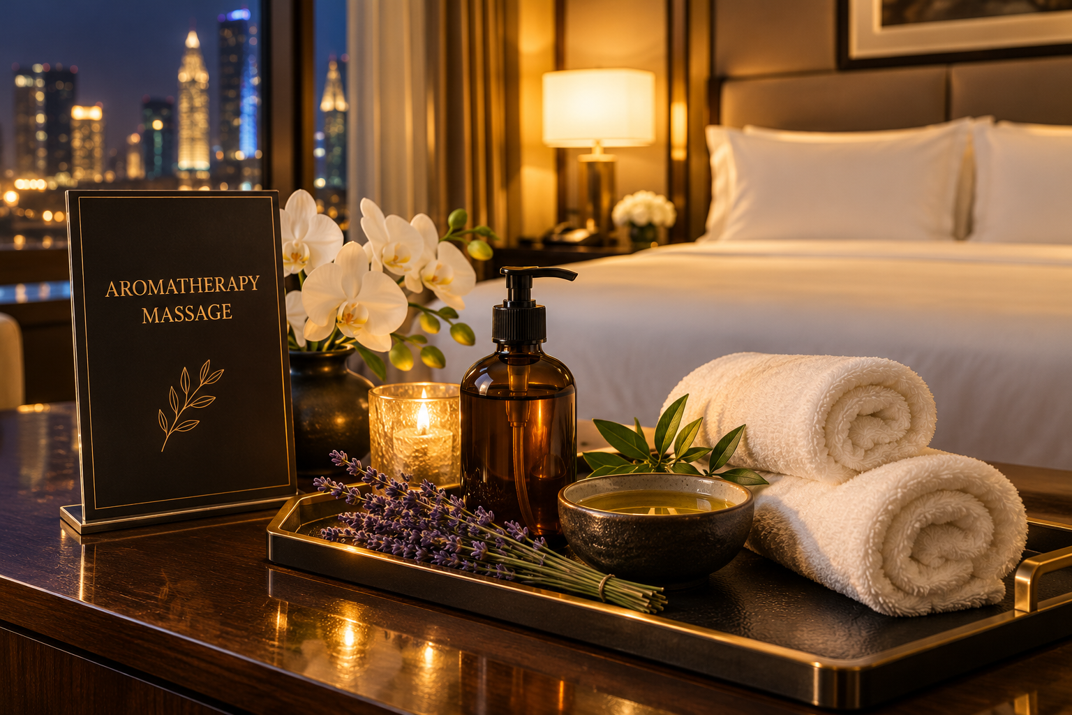 Aromatherapy massage oils, lavender and soft towels in a luxury hotel room