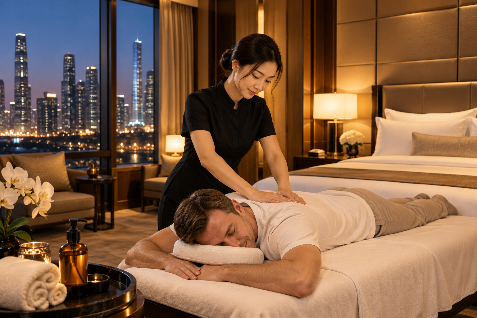 Professional female therapist giving a relaxing massage to a clothed male guest in a luxury hotel suite