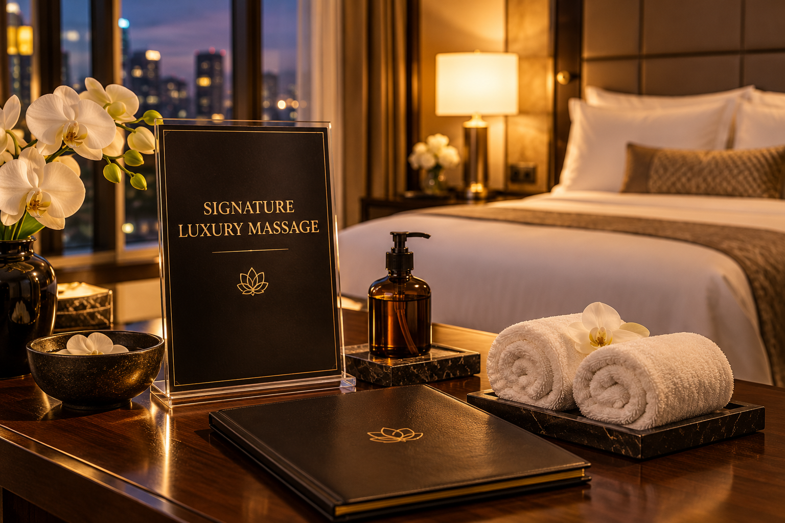 Signature luxury massage setting with premium oils, folded towels and warm hotel lighting
