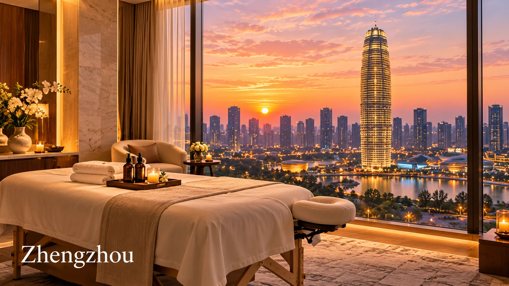 Illustrative luxury hotel mobile massage setting in Zhengzhou, with Zhengzhou Greenland Plaza